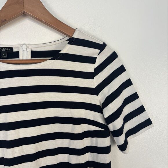 Talbots Womens P Navy Blue and White Stripe Short Sleeve Tee Tshirt Top Zipper - Picture 2 of 7